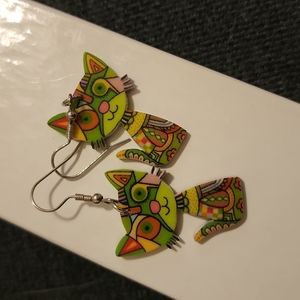 Crazy cat green dangle earrings